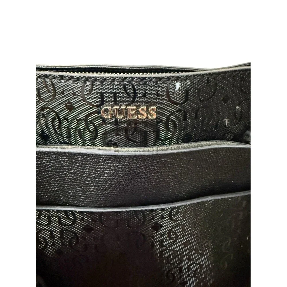 GUESS Black Tonal Logo Monogram Tote Gold Chain Shoulder Bag Charm Y2K